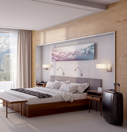 Wall-mounted lamps for a hotel guest suite