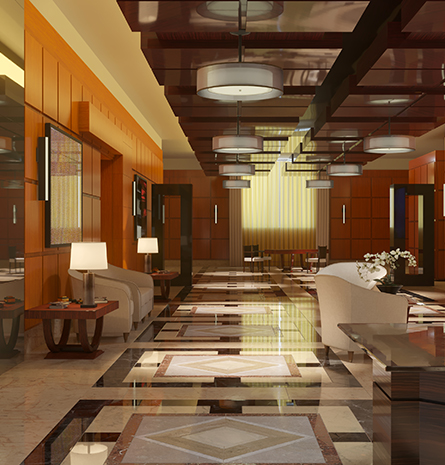 Arkansas Lighting’s commercial indoor lighting options line the ceiling in a lobby.