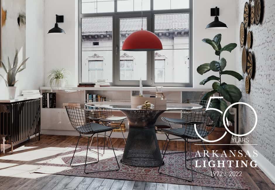 Kitchen with Warren Platner table, Harry Bertoia chairs and lighting and lamps by Arkansas Lighting